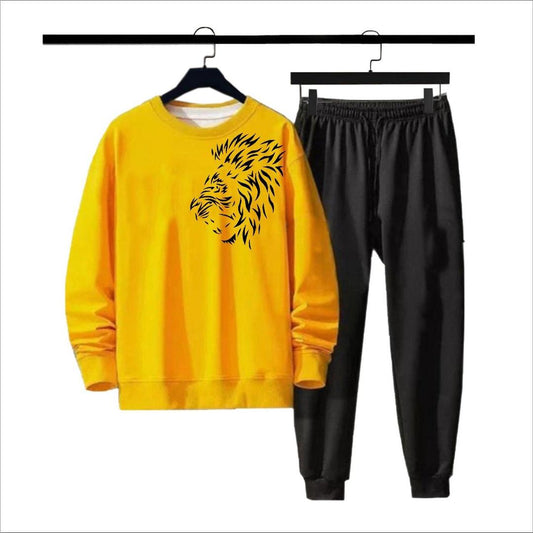 Men's Yellow Printed Fleece Sweatshirt Track Suit - 2 Pcs